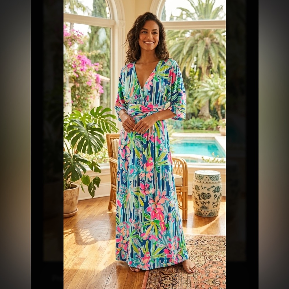 Lilly Pulitzer Blue Floral Maxi Dress with Pink & Green Accents